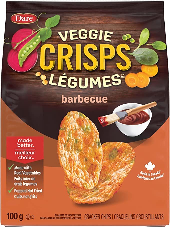 Dare Veggie Crisps Barbecue - Crunchy, Popped Snacks Made with Real Vegetables like Yellow and Green Peas, Tomatoes, and Carrots 100g Pack