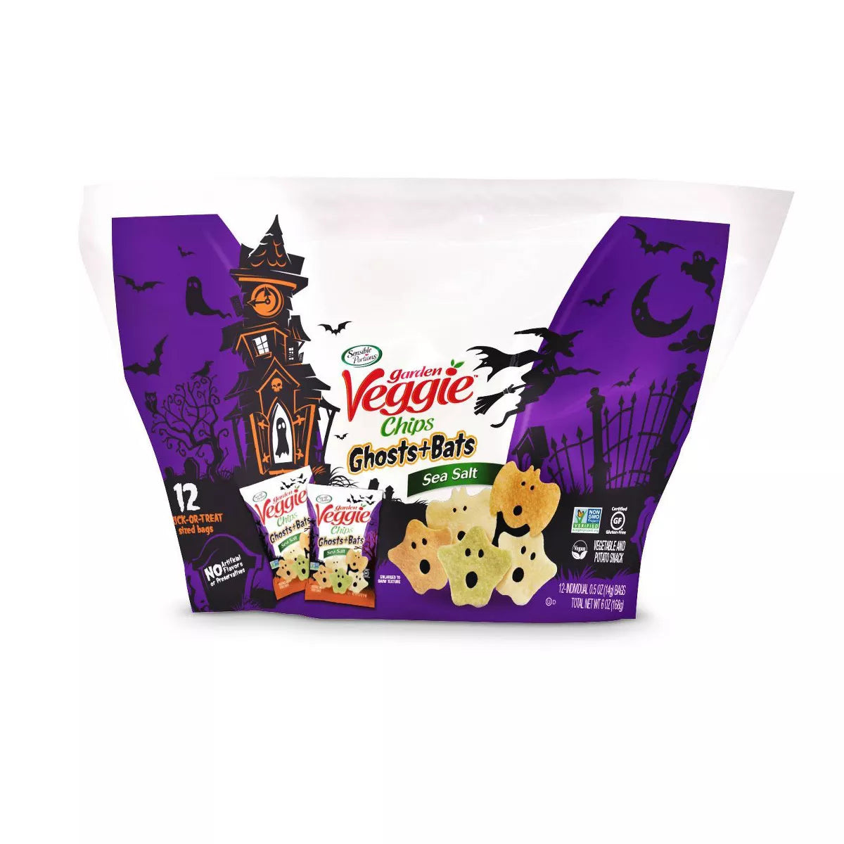 Sensible Portions Halloween Garden Veggie Ghosts & Bats Sea Salt Flavored Chips - 6oz/12ct