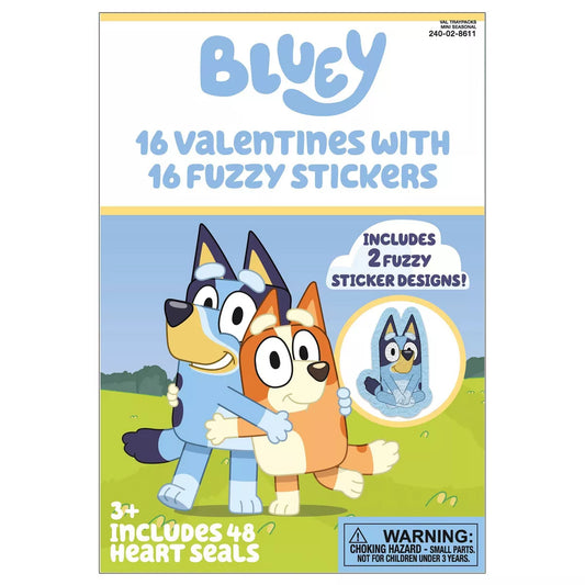 16ct Valentine's Fuzzy Sticker Exchange Cards Bluey