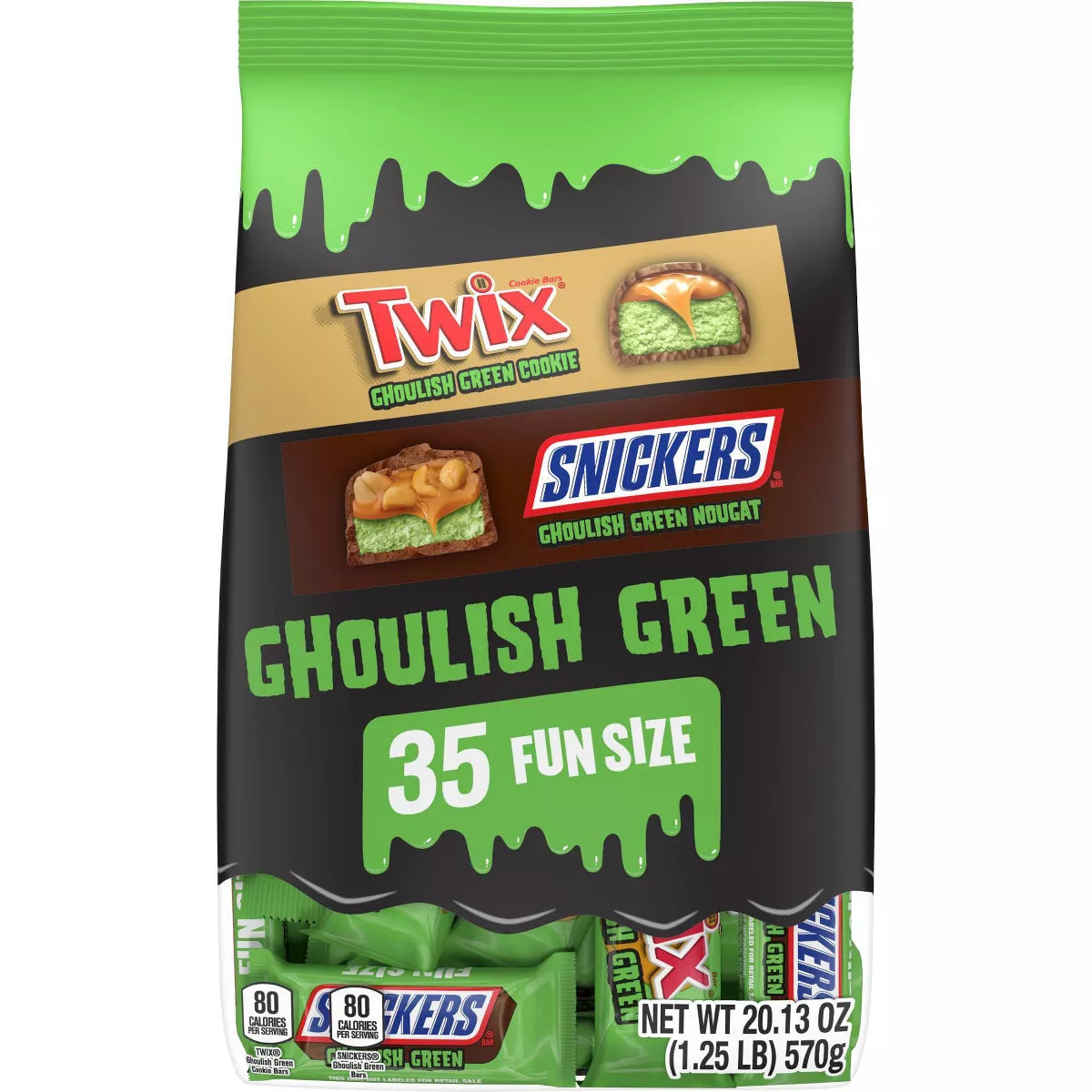 Snickers and Twix Halloween Ghoulish Green Chocolate Candy Fun Size Assortment - 20.13oz