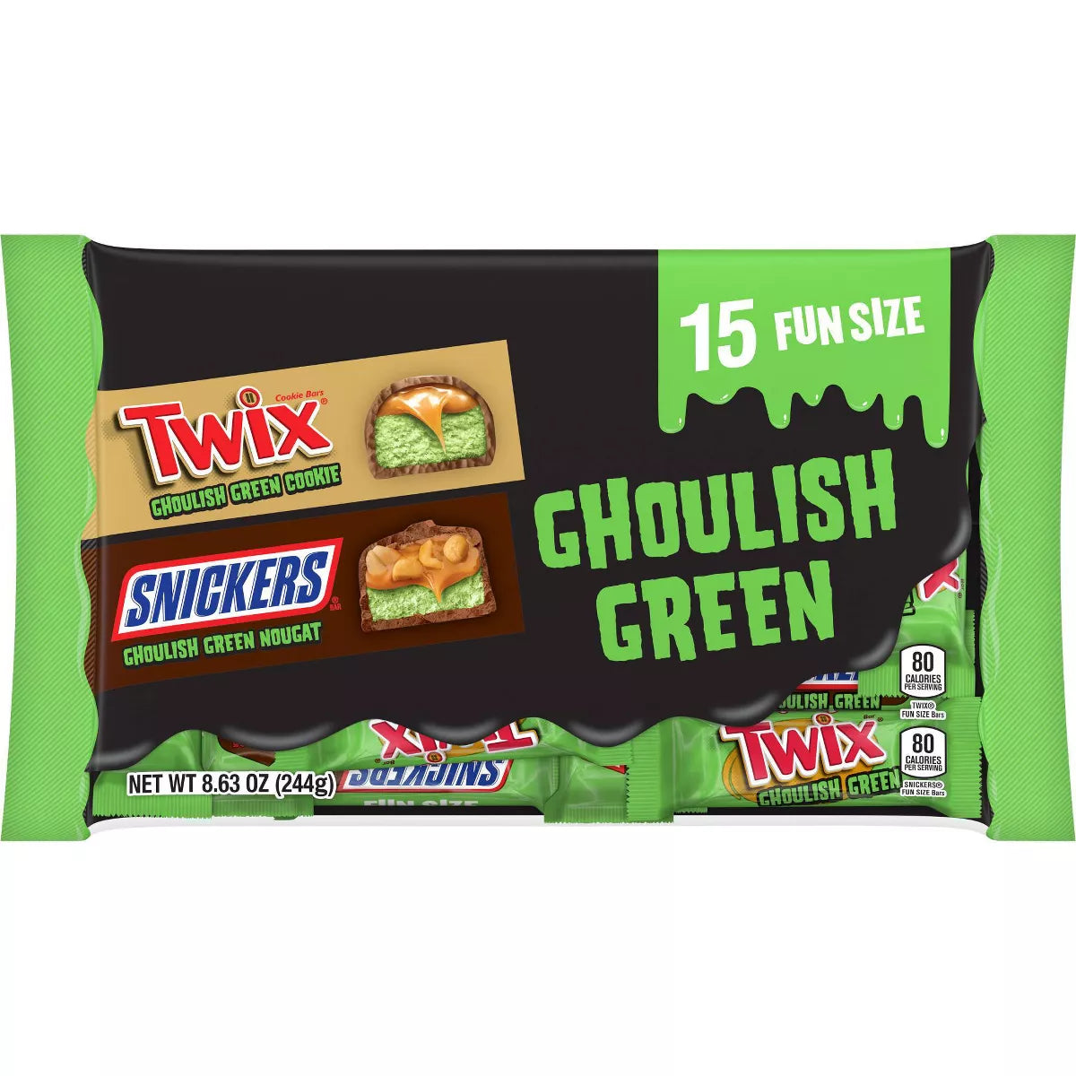 Twix and Snickers Halloween Fun Size Ghoulish Green Chocolate Variety Candy Mix - 8.63oz