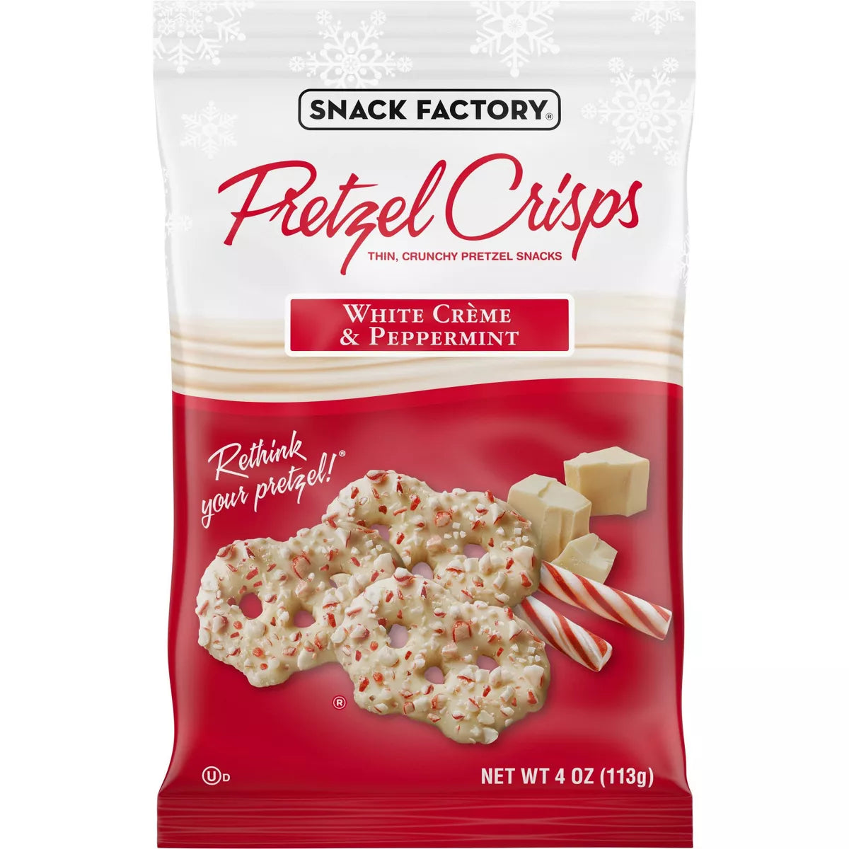 Snack Factory Pretzel Crisps Christmas White Crème and Peppermint Covered Pretzels - 4oz