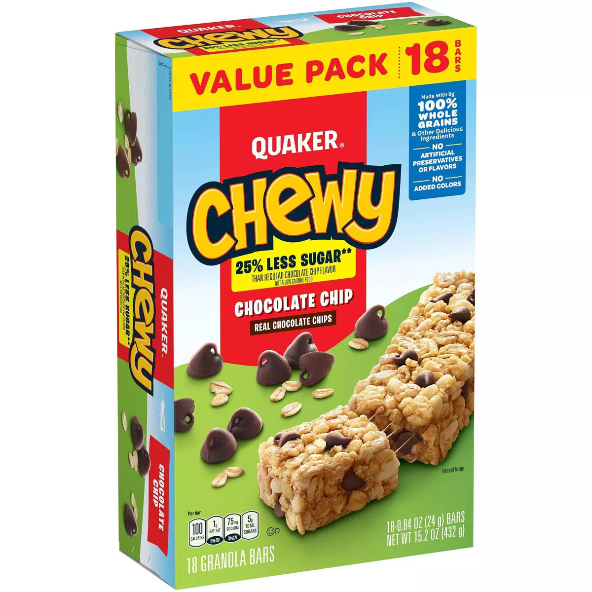 Quaker Chewy Reduced Sugar Chocolate Chip Granola Bars -  18 count - Healthy Snacks