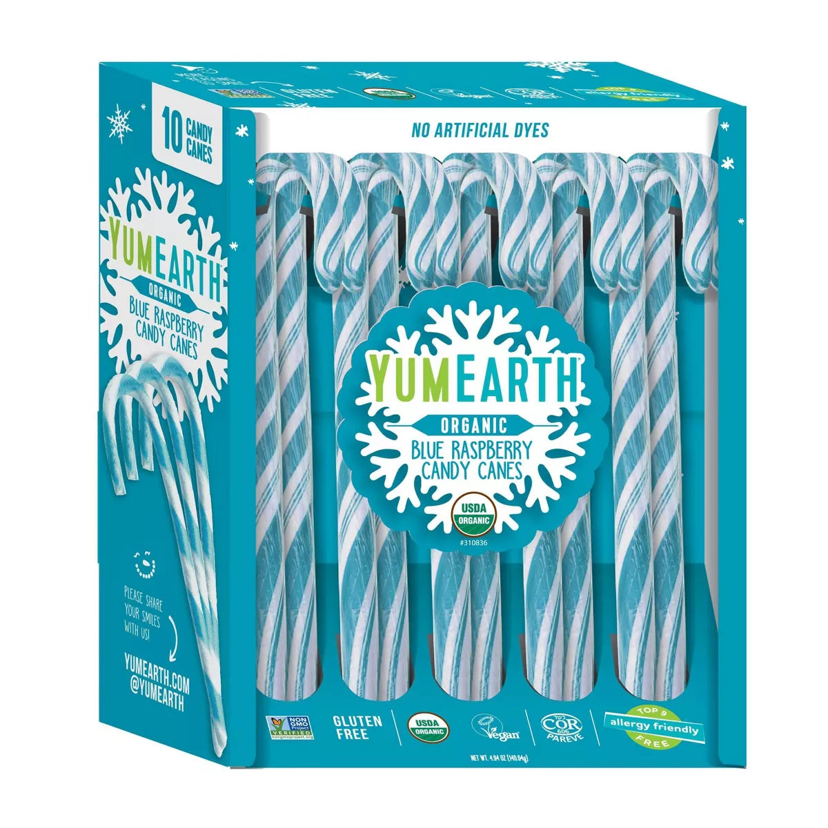 Yum Earth Christmas Blue Raspberry Organic Candy Canes - 4.94oz/10ct