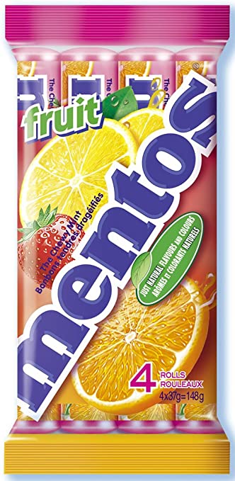 Mentos 4-Pack Mixed Fruit Rolls, Delicious Chewy Fruity Mint Breath Freshener, Non Melting (148g / 5.2oz per Pack)