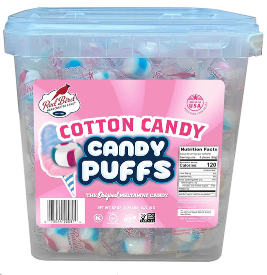 Red Bird Soft Cotton Candy Puffs - 52 oz Tub, Individually Wrapped, Gluten Free, Kosher, Free from Top 8 Allergens, 100% Pure Cane Sugar