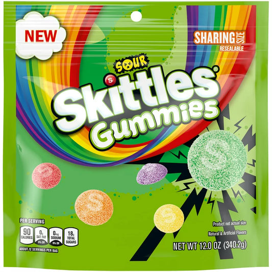 Skittles Gummies Sour - Sharing - Large Size - Resealable 12 Ounces