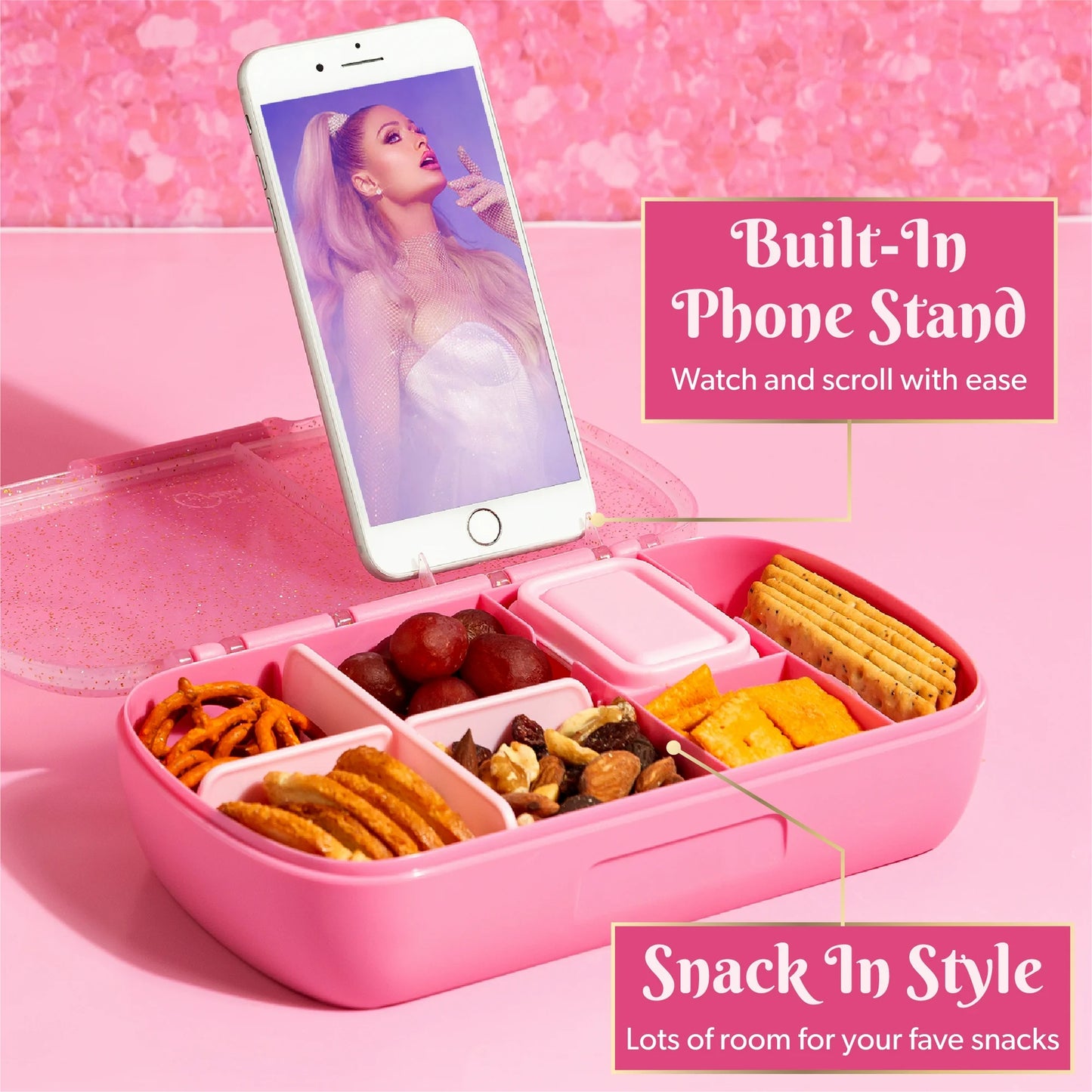 Paris Hilton Plastic Bento Box - Glitter Infused Lid, Customizable Compartments, Pink Lunch Box - ULTRA RARE