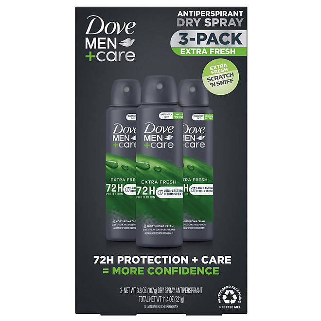 Dove Men+Care Extra Fresh Dry Spray Antiperspirant, 3.8 oz., 3 pack