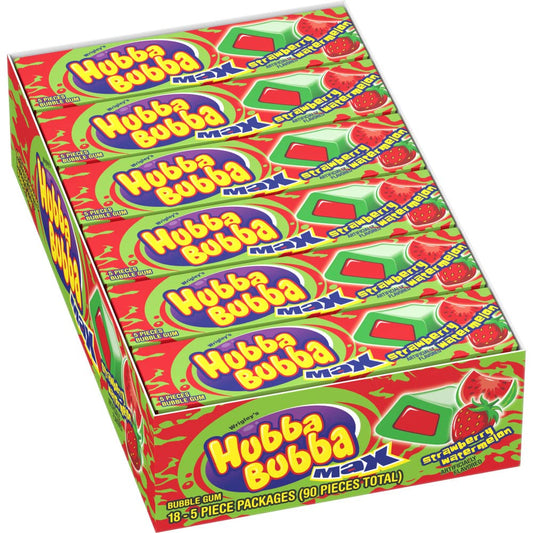 (18 Pack) HUBBA BUBBA Max Bubble Gum Strawberry Watermelon Flavored Chewing Gum, 5 Piece