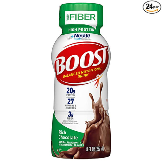 BOOST High Protein with Fiber Complete Nutritional Drink, Rich Chocolate, 8 fl oz Bottle, 24 Pack