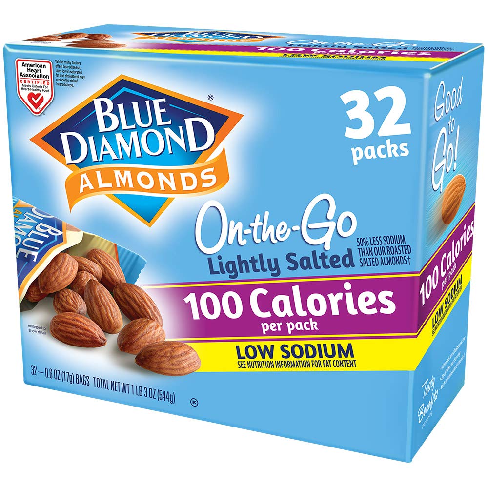 Blue Diamond Almonds Low Sodium Lightly Salted Snack Nuts, 100 Calorie Packs, 0.6 Ounce (Pack of 32)