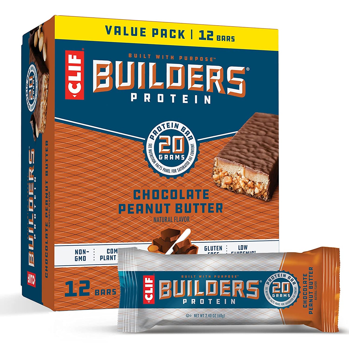 CLIF BUILDERS - Protein Bars - Chocolate Peanut Butter - 20g Protein - Gluten Free (2.4 Ounce, 12 Count)