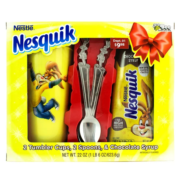 Christmas Nesquik Gift Set with Spoons and Yellow Plastic Tumblers - GIFT