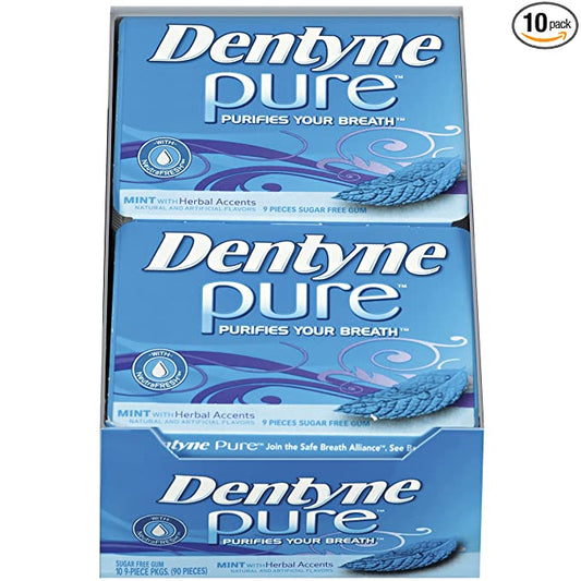 Dentyne Pure Mint with Herbal Accents Sugar Free Gum, 10 Packs of 9 Pieces (90 Total Pieces)