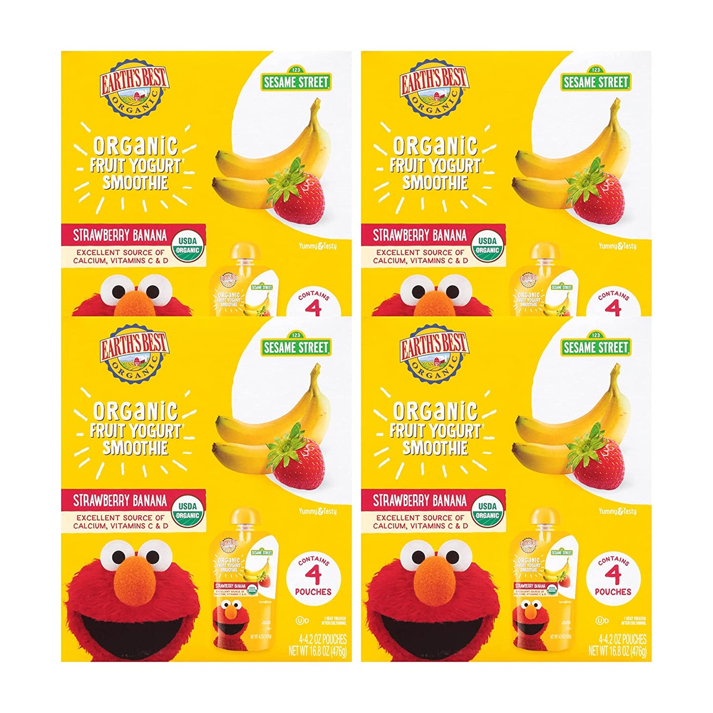 Earth's Best Organic Kids Snacks, Sesame Street Toddler Snacks, Organic Fruit Yogurt Smoothie for Toddlers 2 Years and Older, Strawberry Banana, 4.2 oz Resealable Pouch (Pack of 16)