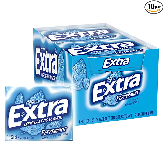 Extra Gum Peppermint Chewing Gum, 15 Pieces (Pack of 10) - USA