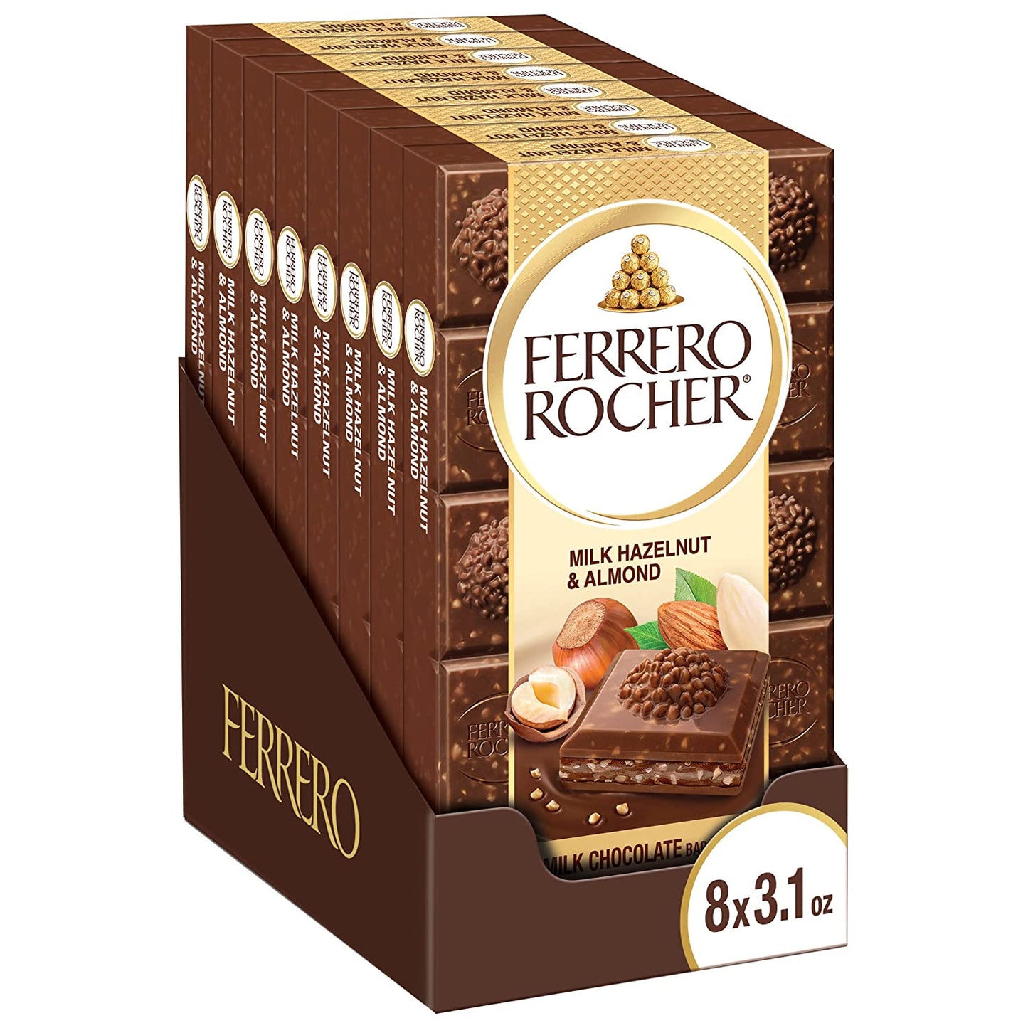 Ferrero Rocher Premium Chocolate Bars—Milk Chocolate Hazelnut & Almond Individually Wrapped—8 Pack—3.1 oz. each