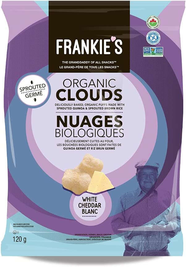 Frankie's Organic Chips - Crunchy White Cheddar Cheese Puffs Baked Healthy Snacks - Gluten Free, No GMO, Sprouted Protein Snacks - 120 Grams