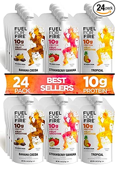 Fuel For Fire - Variety - Best Sellers (24 Pack) Fruit & Protein Smoothie Squeeze Pouch | Perfect for Workouts, Kids, Snacking - Gluten Free, Soy Free, Kosher (4.5 ounce pouches)