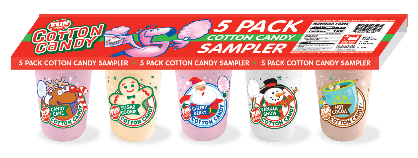 Fun Sweets brand 5 pack Holiday Cotton Candy Sampler with Vanilla Snow, Candy Cane & more.