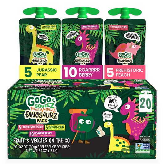 GoGo squeeZ fruit & veggieZ Dino Kids Snacks Variety Pack, 3.2 oz. (20 Pouches) - Roarrrr Berry, Jurassic Pear, Prehistoric Peach Flavors - Nut Free, Dairy Free, Gluten Free Snacks for Kids