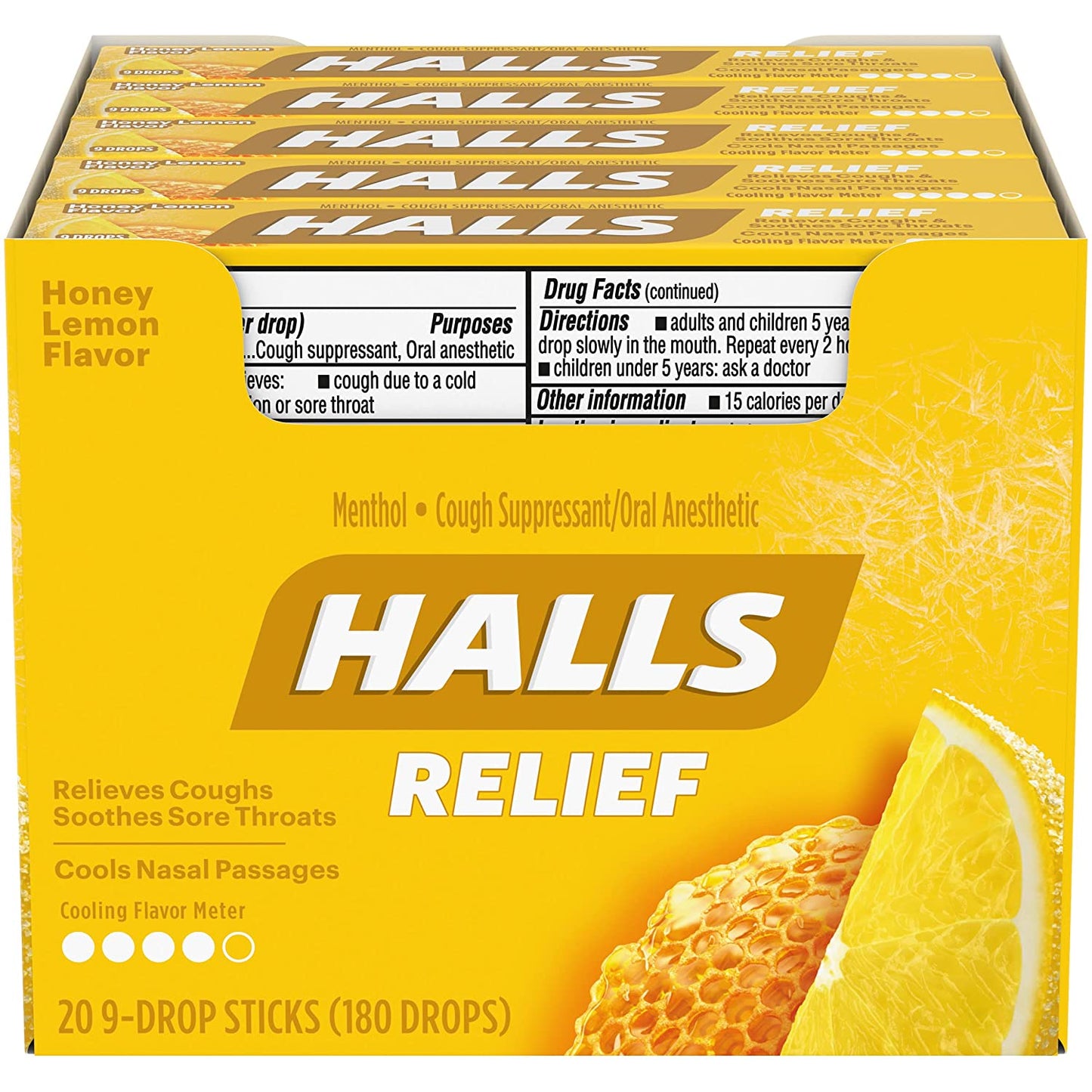 HALLS Relief Honey Lemon Cough Drops, 20 Packs of 9 Drops (180 Total Drops)