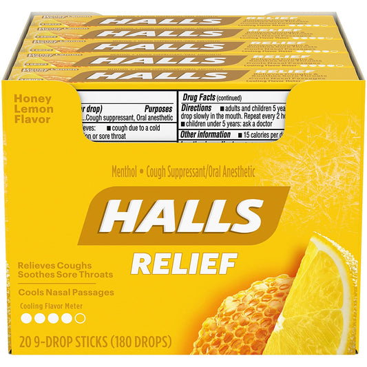 HALLS Relief Honey Lemon Cough Drops, 20 Packs of 9 Drops (180 Total Drops)