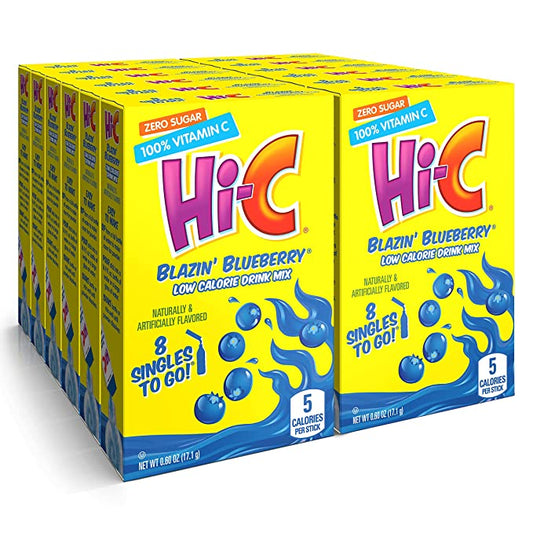Hi-C Singles to Go Blazin' Blueberry, Zero Sugar Powdered Drink Mix, Excellent Source of Vitamin C, 12 Boxes with 8 Packets in Each Box, 8 Count (Pack of 12)