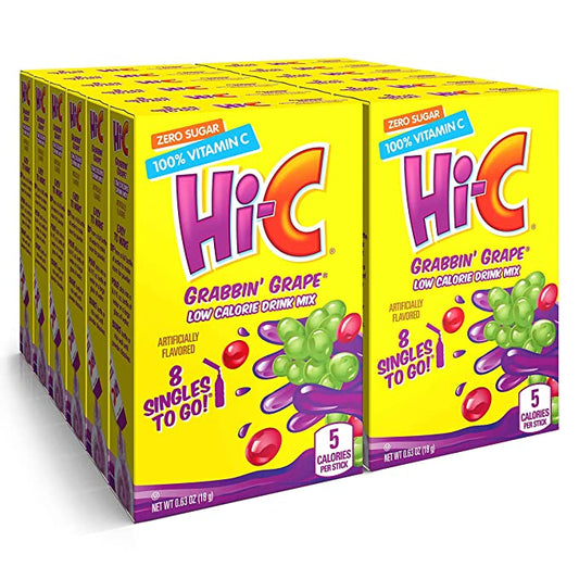 Hi-C Singles to Go Grabbin' Grape, â€“Zero Sugar Powdered Drink Mix, Excellent Source of Vitamin C, 8 Count (Pack of 12)