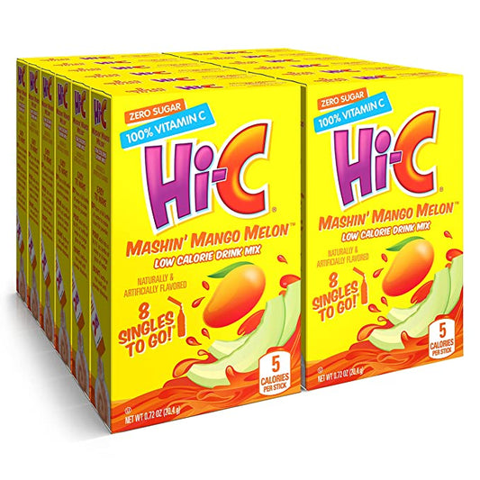 Hi-C Singles to Go Mashin' Mango Melon, Zero Sugar Powdered Drink Mix, Excellent Source of Vitamin C, 8 Packets per Box, 8 Count (Pack of 12)