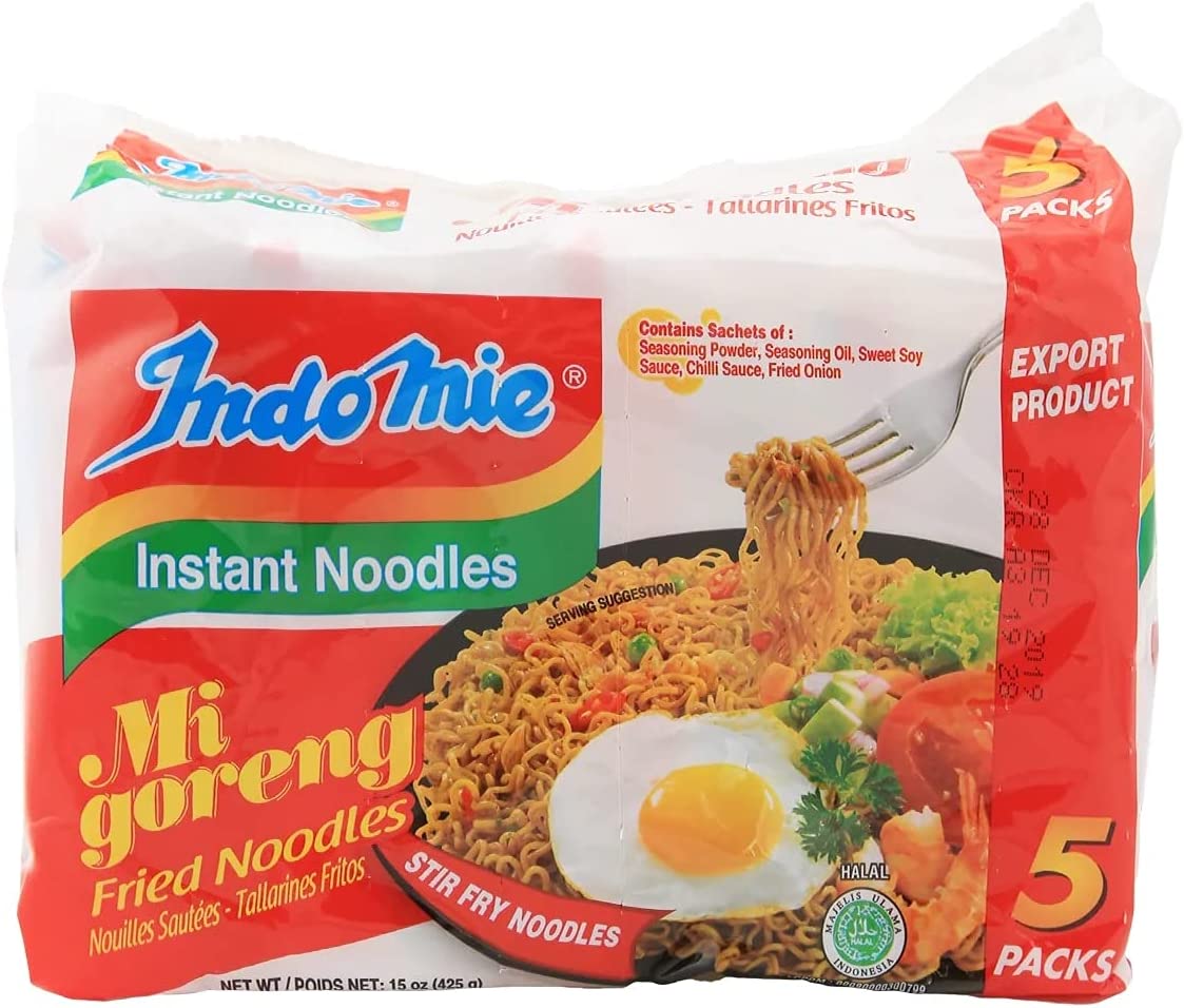 Indomie Mi Goreng Instant Stir Fry Noodles, Halal Certified, Original Flavor, 5 Count - Pack of 6
