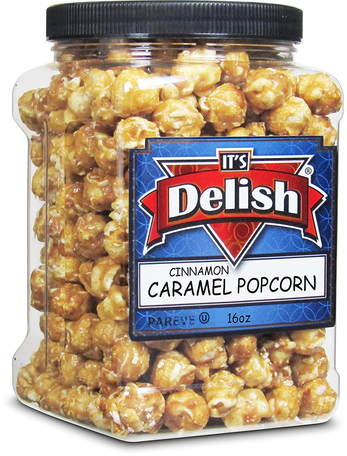 It's Delish Gourmet Cinnamon Caramel Popcorn by Its Delish, 16 OZ Jumbo Container – Caramel Corn Air Popped Sweet & Crunchy Glazed Carmel Corn Snack - Gluten Free, Vegan, Kosher, 1 Count