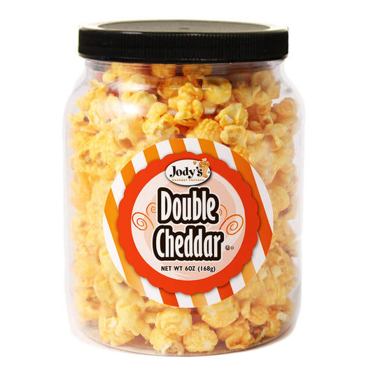 Jody's Gourmet Popcorn Round Jar Double Cheddar, 4 Ounce. Delicious, Cheesy, Finger Licking Good Popcorn. Gluten-Free, Kosher Certified, Made with Non-GMO Popcorn Kernels, Made in USA