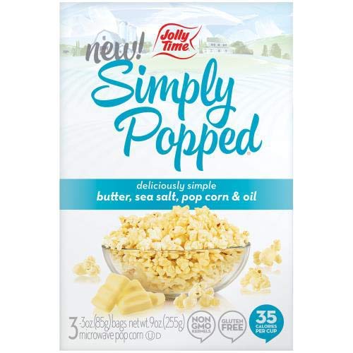 Jolly Time Simply Popped Natural Microwave, Non-GMO Popcorn Kernels with Ghee Clarified Butter, Sea Salt, Palm Oil (3-Count Box), 9 Ounce (Pack of 4)