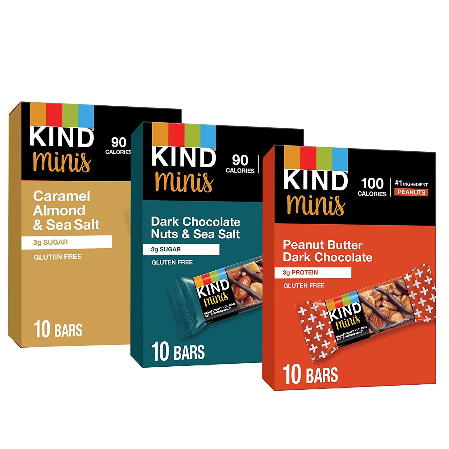 KIND Bar Minis, Variety Pack, Dark Chocolate Nuts and Sea Salt, Peanut Butter Dark Chocolate, Caramel Almond Sea Salt, Healthy Snacks, Gluten Free, Low Calorie Snacks, Low Sugar, 30 Count