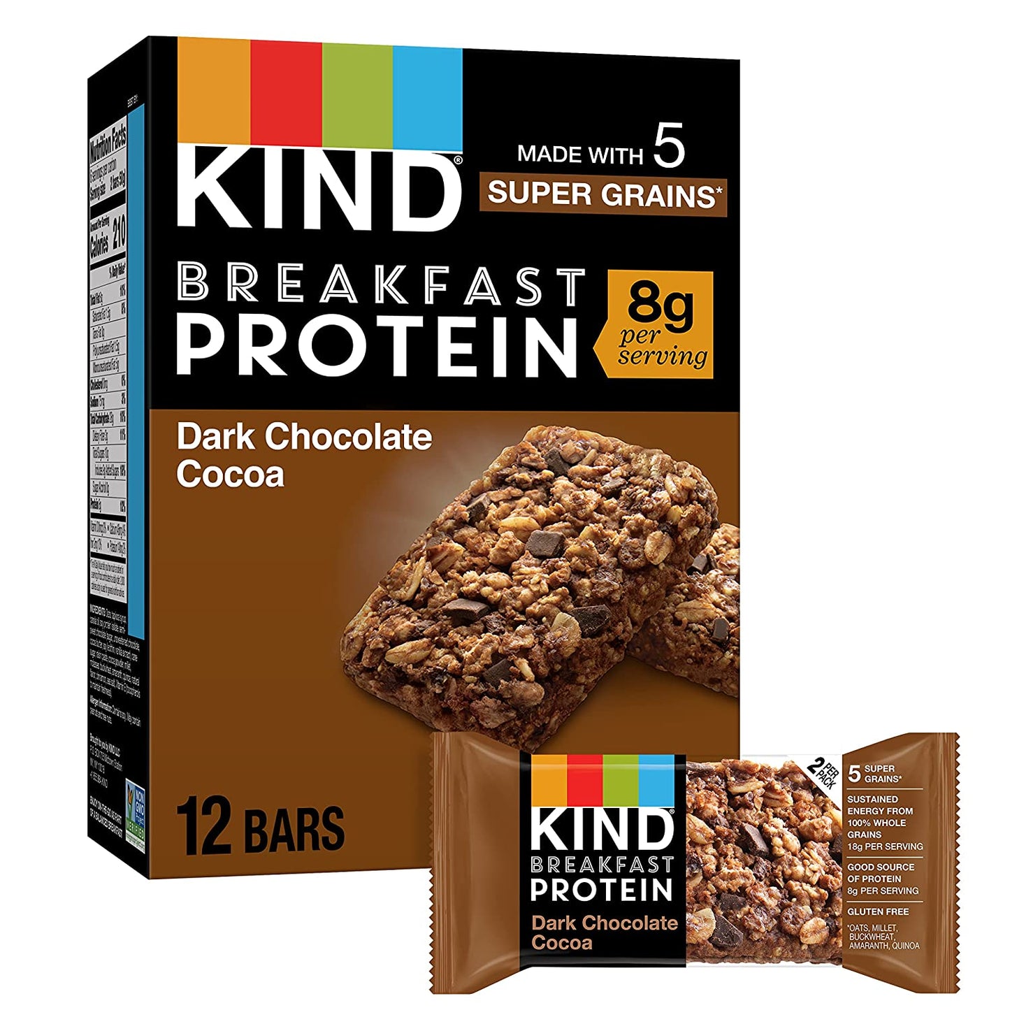 KIND Breakfast, Healthy Snack Bar, Dark Chocolate Cocoa, Gluten Free Breakfast Bars, 8g Protein, 1.76 OZ Packs (30 Count)