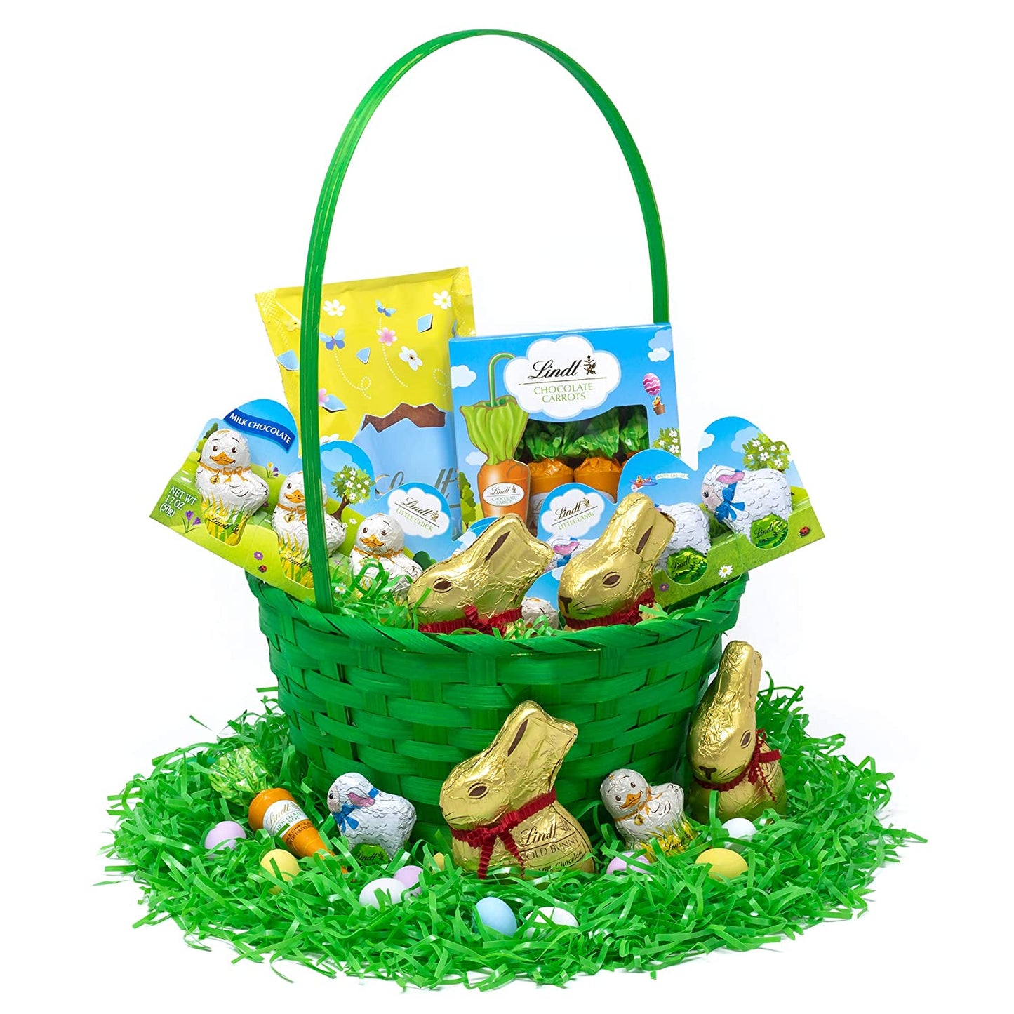 Lindt Easter Basket with GOLD BUNNY, Festive Lindt Chocolate for Kids with Green Easter Basket Ready for Gifting