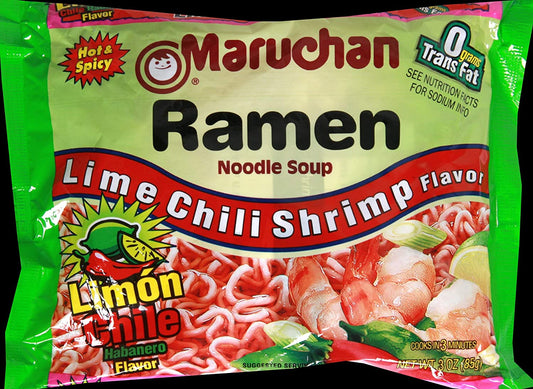 MARUCHAN LIME CHILI SHRIMP DRY RAMEN NOODLE SOUP MX PLASTIC BAG 3 OZ