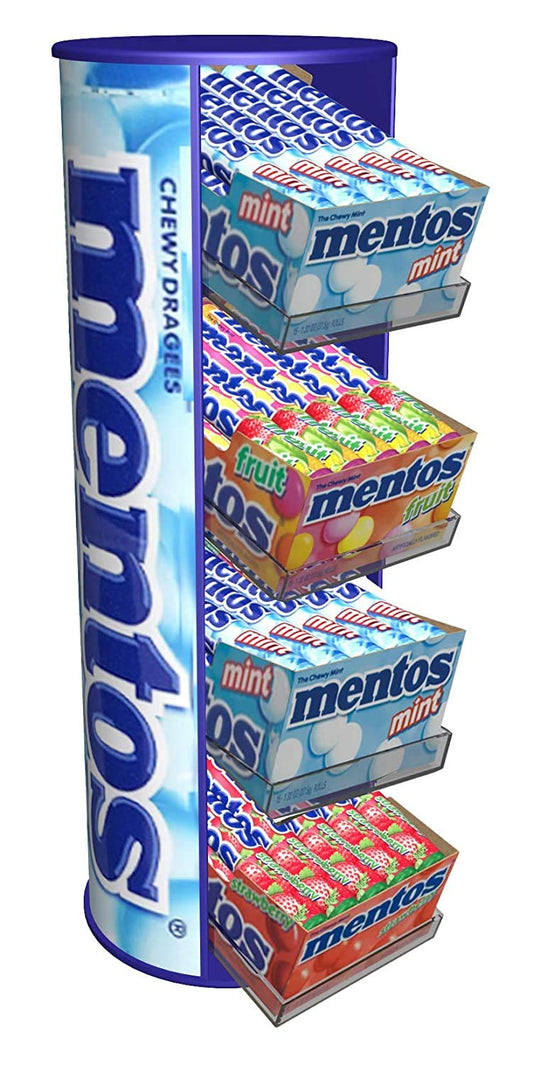 Mentos Candy, Mint Rolls Assorted Flavors With Counter Display, Bulk, 3 Boxes Mint, 2 Boxes Fruit, 1 Box Strawberry for Office, Concessions, School (90 Rolls Total)