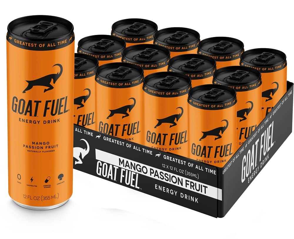 New G.O.A.T. Fuel® Energy Drink - Sugar-Free Pre-Workout Energy- Increase Mental and Physical Performance - With Cordyceps Mushrooms, BCAAs and Electrolytes (Pack of 12) (Mango Passionfruit)