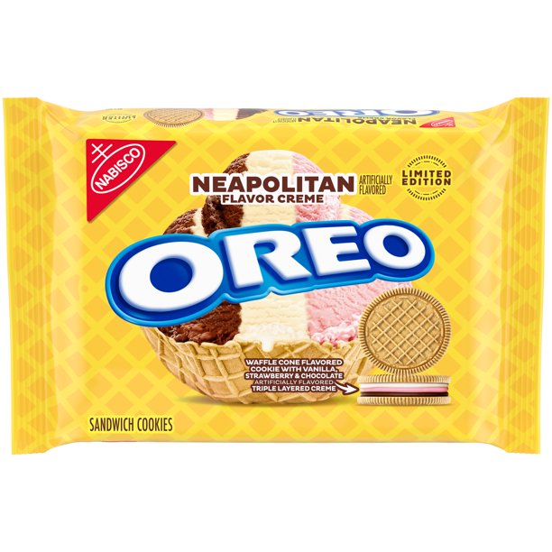 OREO Neapolitan Sandwich Cookies, Waffle Cone Flavored Cookie with Vanilla, Strawberry and Chocolate Triple Layered Creme, Limited Edition, 13.2 oz - OOS