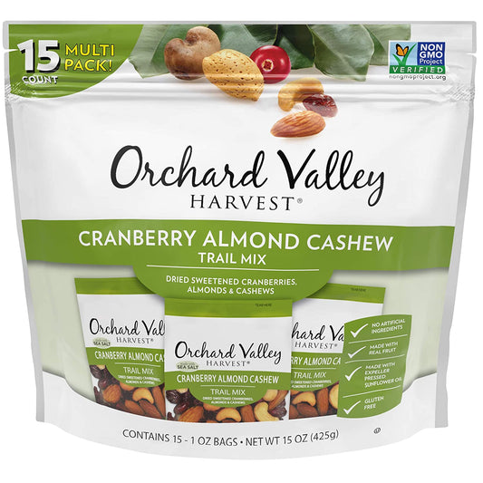 Orchard Valley Harvest Cranberry Almond Cashew Trail Mix, 1 Ounce Bags (Pack of 15), Cranberries, Almonds, and Cashews, Non-GMO, No Artificial Ingredients