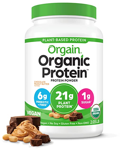 Orgain Organic Vegan Protein Powder, Chocolate Peanut Butter - 21g of Plant Based Protein, Low Net Carbs, Non Dairy, Gluten Free, Lactose Free, No Sugar Added, Soy Free, Kosher, 2.03 Pound