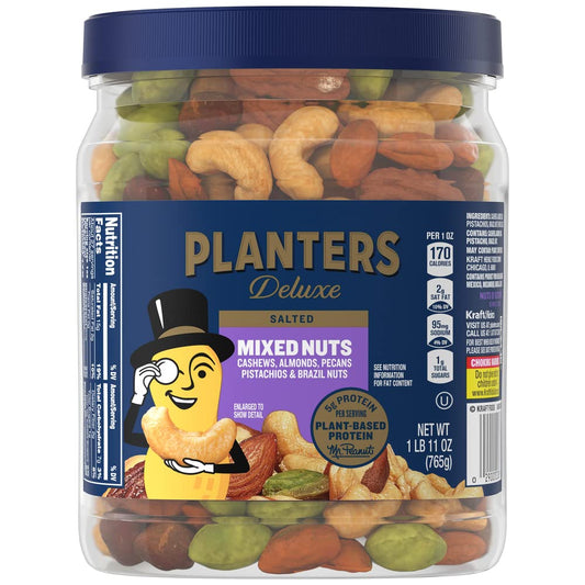 PLANTERS Deluxe Mixed Nuts with Sea Salt, 27 oz. Resealable Container - Variety Mixed Nuts Snacks with Cashews, Almonds, Pecans, Pistachios & Hazelnuts - Energy Boost - Kosher