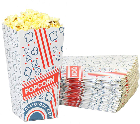 Paragon Popcorn Scoop Box 48E: (1.75 ounce), Striped & Popping Kernel Design (50 Count), Red and Blue