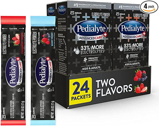 Pedialyte AdvancedCare Plus Electrolyte Powder Strawberry Freeze And Berry Frost With 33% More Electrolytes And Has PreActiv Prebiotics 0.6 Oz Powder Packs, 24 Count