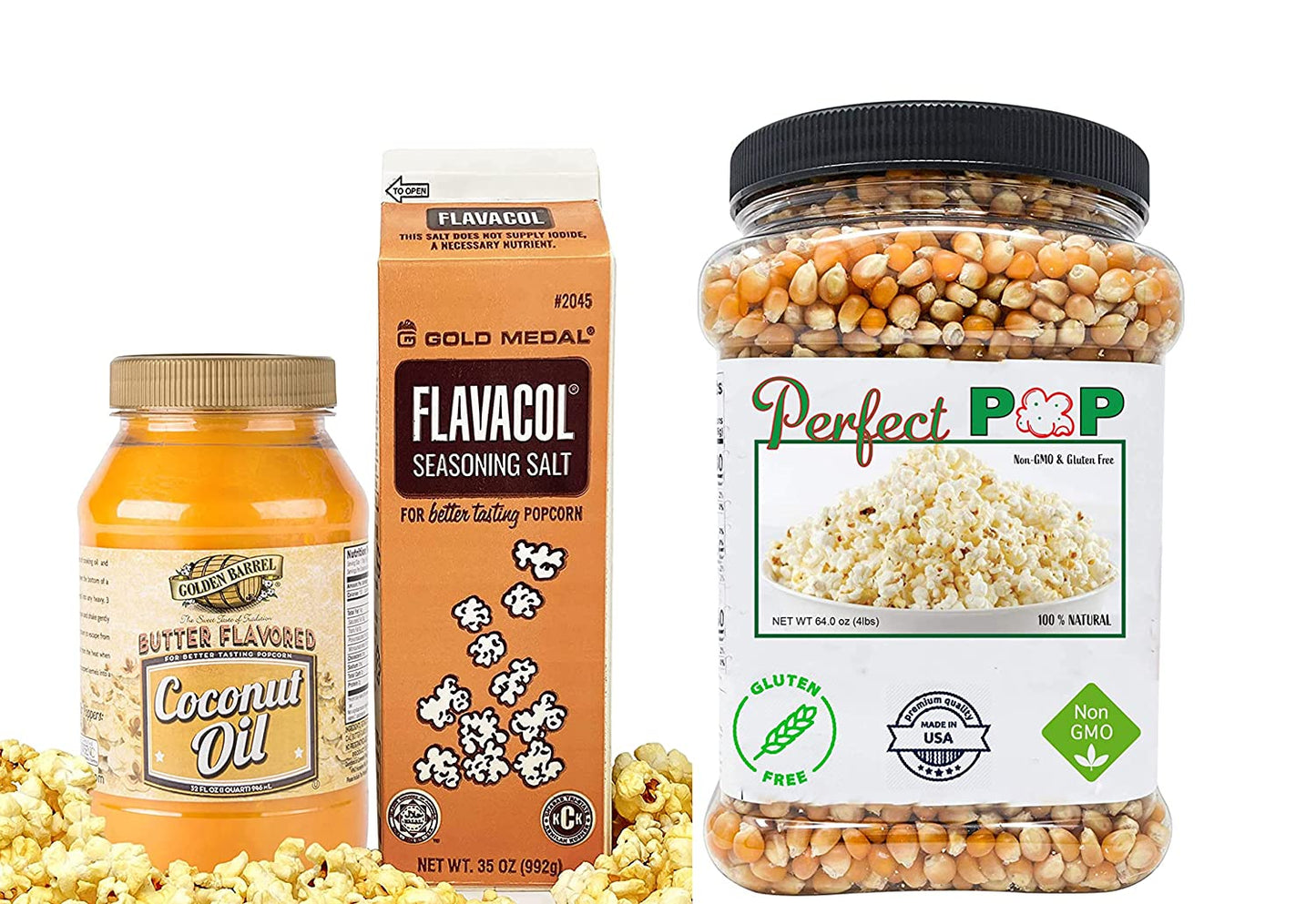 Perfectware Popcorn Kit- (Includes 35oz Popcorn Season Salt, 4lbs Yellow Kernels, and 32oz Butter Flavored Coconut Oil, Plain,PW-Popcorn Kit-3