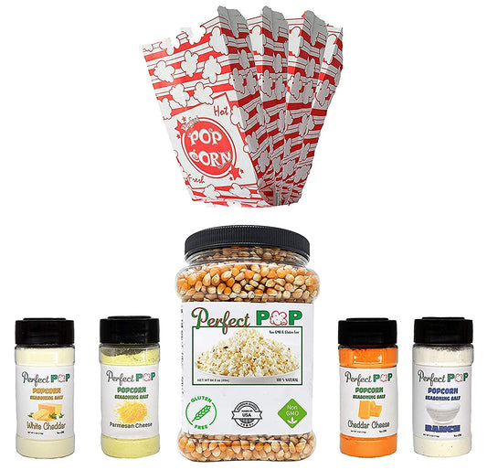 Perfectware Ultimate Popcorn Party Pack- Includes (4lbs of Yellow Kernels, 4-4oz Seasoning Jars, and 125ct 1oz Popcorn Bags)