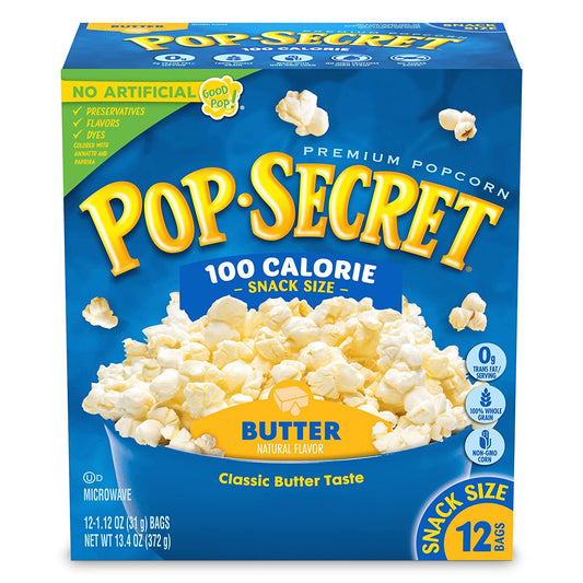 Pop Secret Microwave Popcorn, 100 Calorie Butter Flavor, 1.12 Oz Snack Bags(Total 13.44 oz), 12 Count Box